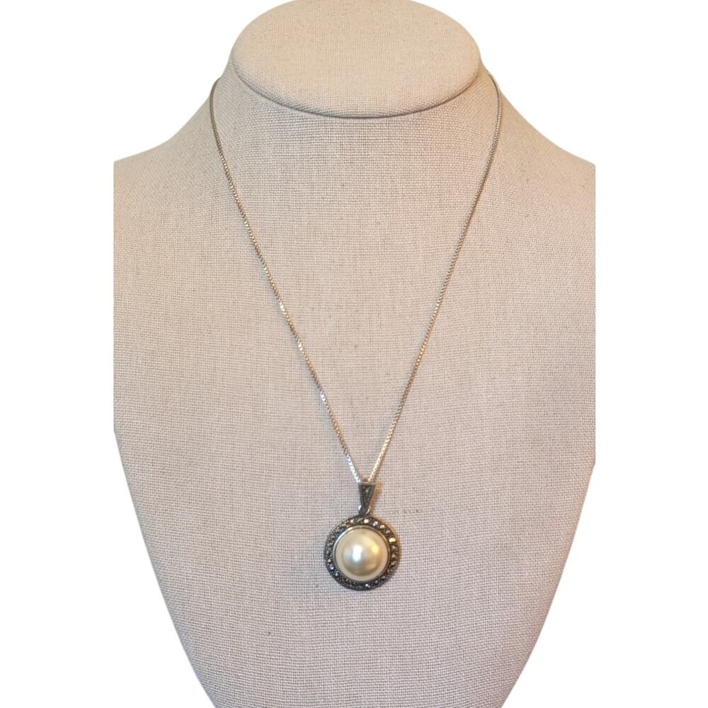 Vintage 925 Sterling FAS Marcasite Large Faux Mabe Pearl Pendant 18" Necklace